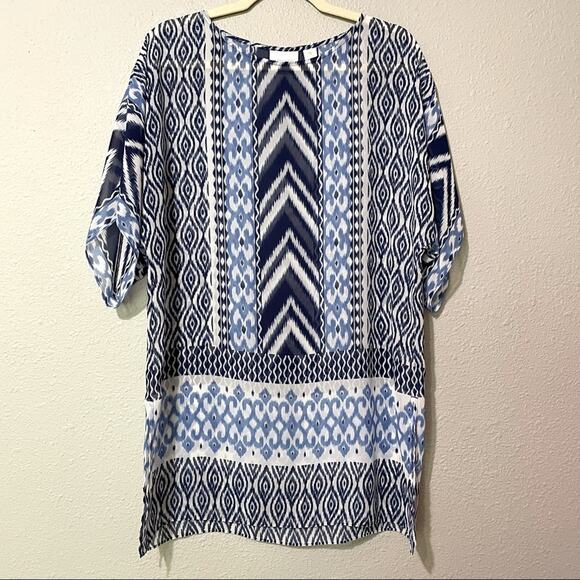 Chicos Blue Sheer Boho Tunic Mini Dress Womens S Casual Ikat Beachy Summer - Picture 1 of 8